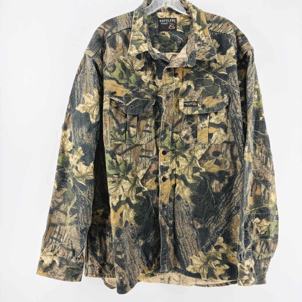 Vintage Rattlers Brand Camo Shirt Men XL Fleece Button Down Shacket USA Hunting